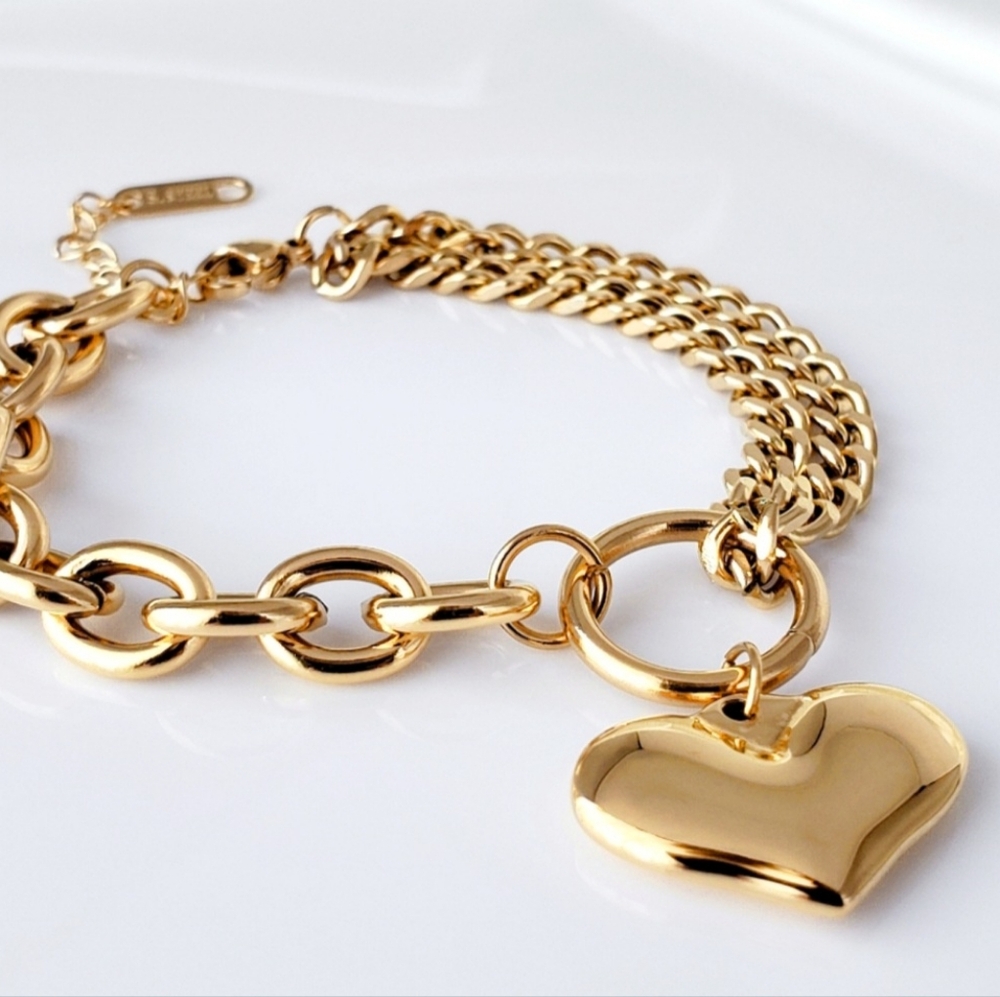 NEW Gold Asymmetric Layered Chain Heart Charm Bracelet - Picture 6 of 8